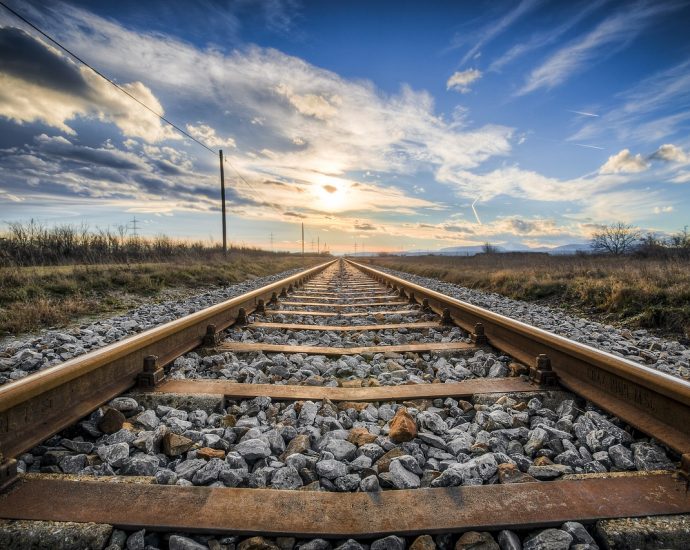 railway, rocks, sunset