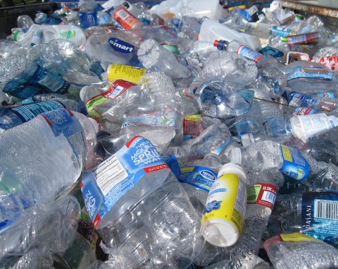 blue labeled plastic bottles