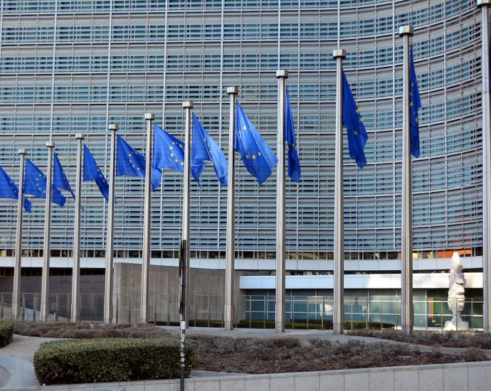 blue flags on poles near building during daytime