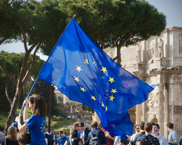 a young girl holding a european flag in front of a crowd of people