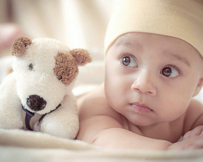 Baby Lying Near Dog Plush Toy