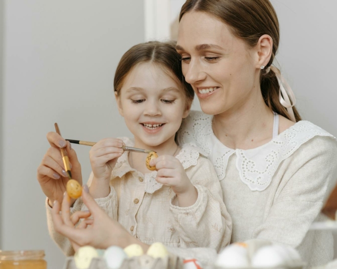 Mother and Daughter Painting Quail Eggs