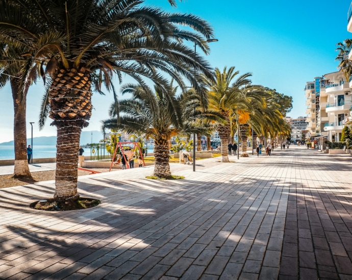 a palm tree lined street next to the ocean