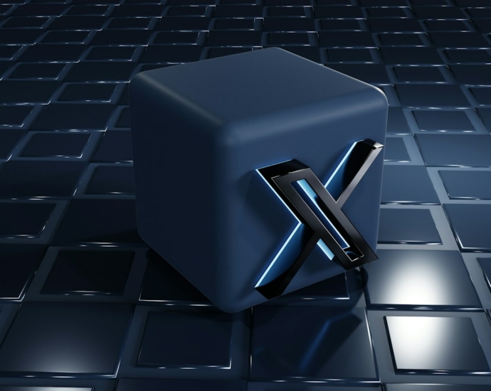 a blue cube sitting on top of a tiled floor