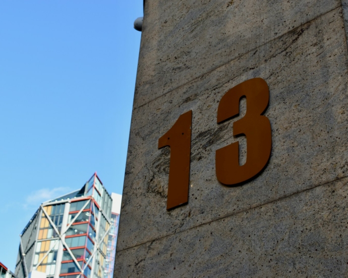 a close up of a number on a building