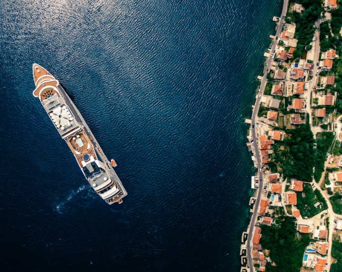 aerial photography of white and brown cruise ship on water