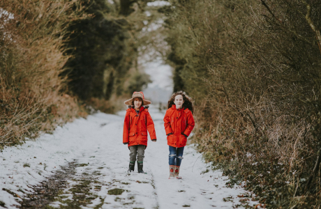 two children walking near bushes during winter