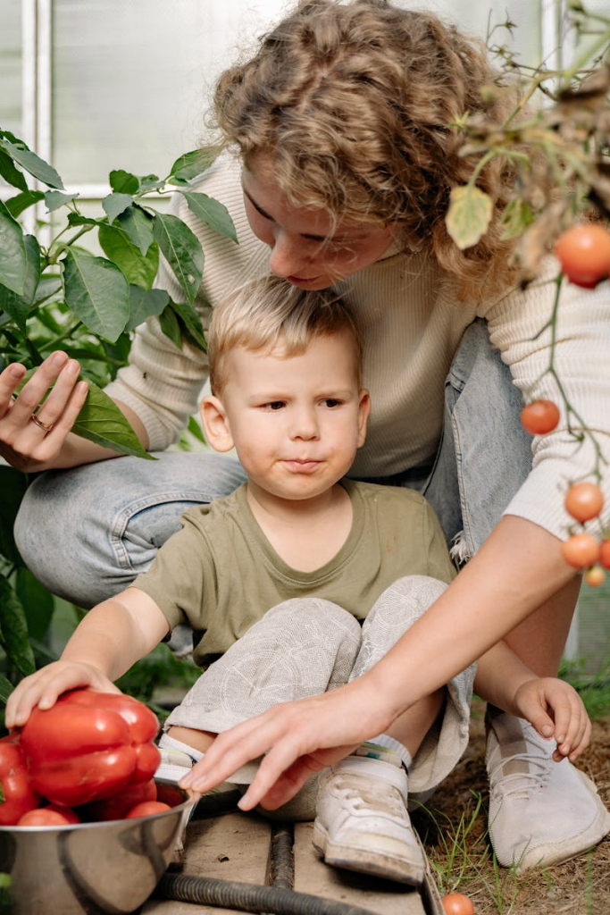 Woman and her son gathering fresh tomatoes and bell peppers in a greenhouse setting.