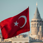 a turkey flag flying in front of a building