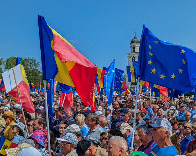 a large group of people holding flags in front of a building