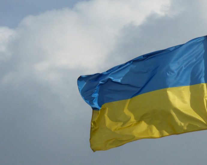 a blue and yellow flag flying in the sky