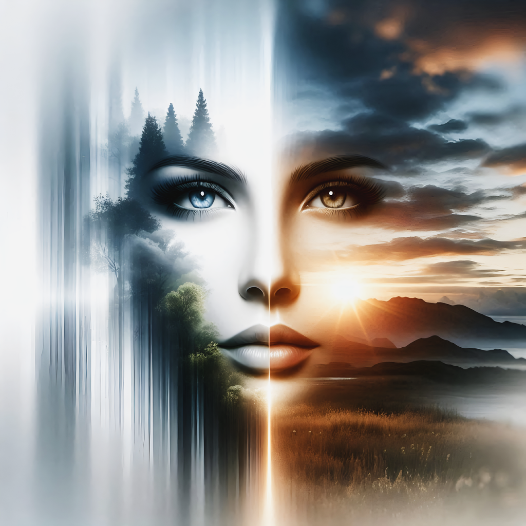 ai generated, woman, double exposure, nature, thoughts, face