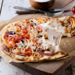 pizza on brown wooden tray